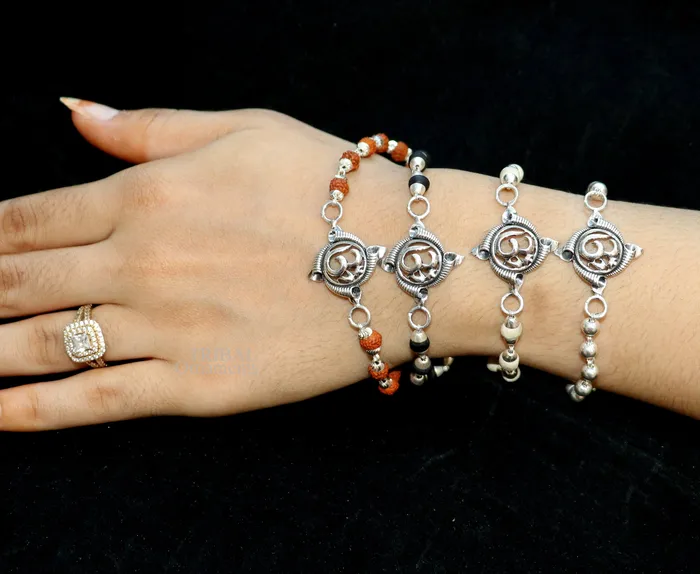 TRIBAL ORNAMENTS Bracelets Divine Aum OM Rakhi 925 sterling silver handmade stylish gorgeous Rakhi bracelet amazing Rudraksha Tulsi beaded bracelet Rakhi rk186 TRIBAL ORNAMENTS Bracelets Divine Aum OM Rakhi 925 sterling silver handmade stylish gorgeous Rakhi bracelet amazing Rudraksha Tulsi beaded bracelet Rakhi rk186