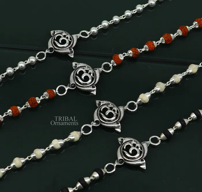 TRIBAL ORNAMENTS Bracelets Divine Aum OM Rakhi 925 sterling silver handmade stylish gorgeous Rakhi bracelet amazing Rudraksha Tulsi beaded bracelet Rakhi rk186 TRIBAL ORNAMENTS Bracelets Divine Aum OM Rakhi 925 sterling silver handmade stylish gorgeous Rakhi bracelet amazing Rudraksha Tulsi beaded bracelet Rakhi rk186