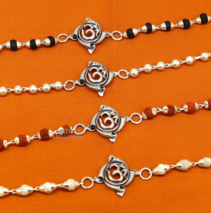 TRIBAL ORNAMENTS Bracelets Divine Aum OM Rakhi 925 sterling silver handmade stylish gorgeous Rakhi bracelet amazing Rudraksha Tulsi beaded bracelet Rakhi rk186 TRIBAL ORNAMENTS Bracelets Divine Aum OM Rakhi 925 sterling silver handmade stylish gorgeous Rakhi bracelet amazing Rudraksha Tulsi beaded bracelet Rakhi rk186