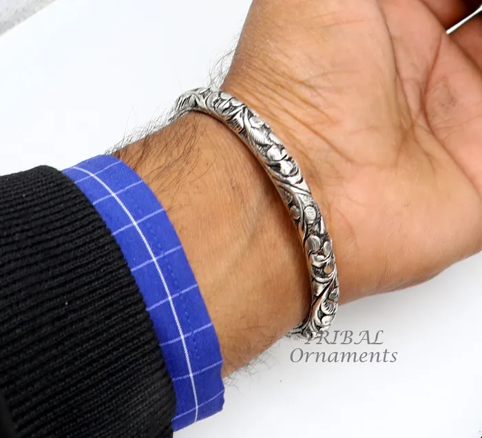 TRIBAL ORNAMENTS Bracelets Exclusive oxidized design 925 sterling silver chitai nakshi work handmade unisex cuff bangle bracelet kada best gifting jewelry nssk764