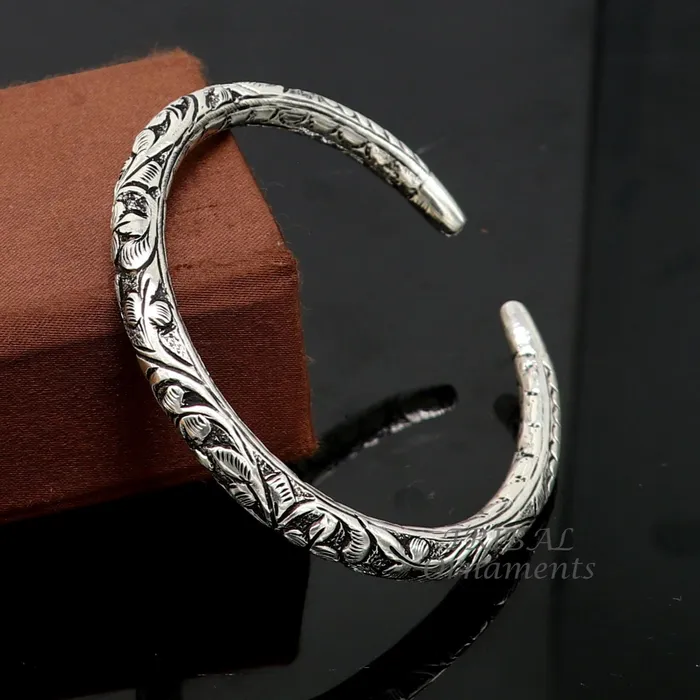 TRIBAL ORNAMENTS Bracelets Exclusive oxidized design 925 sterling silver chitai nakshi work handmade unisex cuff bangle bracelet kada best gifting jewelry nssk764