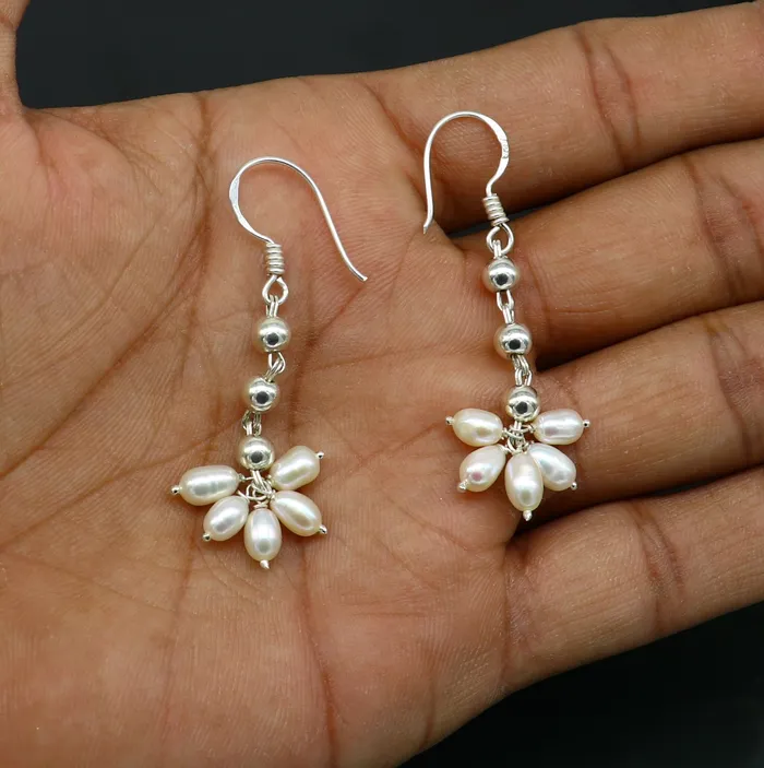 TRIBAL ORNAMENTS Earrings 925 sterling silver custom made hoops earring natural white pearl earring amazing customized bridesmaid pearl drop dangle earring s907