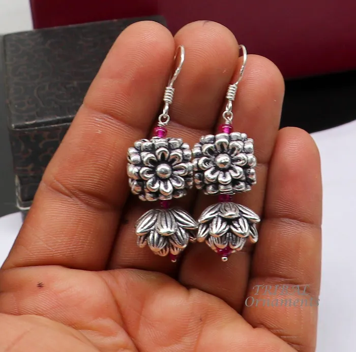 TRIBAL ORNAMENTS Earrings 925 sterling silver hamdmade hook earrings fabulous hanging pretty bells drop dangle earrings tribal ethnic jewelry from India s1085 TRIBAL ORNAMENTS Earrings 925 sterling silver hamdmade hook earrings fabulous hanging pretty bells drop dangle earrings tribal ethnic jewelry from India s1085