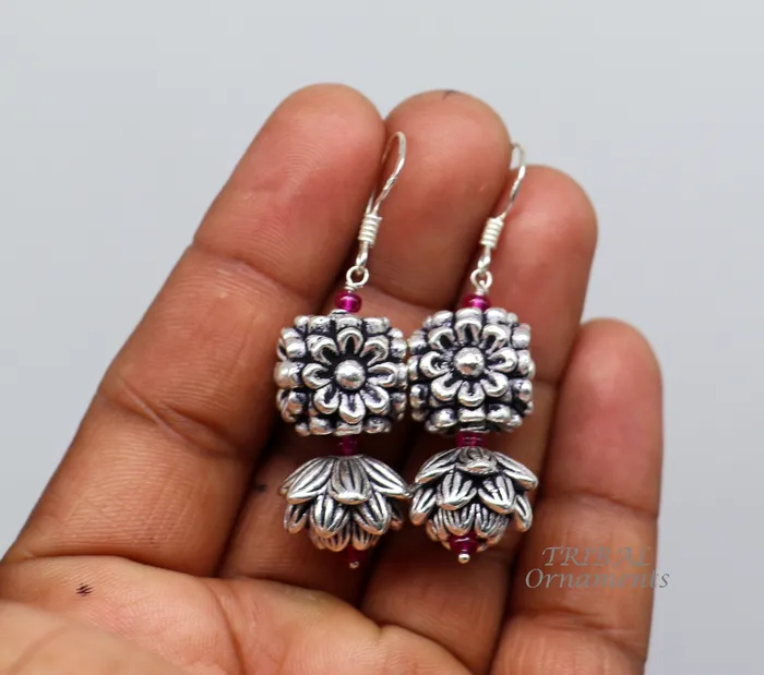 TRIBAL ORNAMENTS Earrings 925 sterling silver hamdmade hook earrings fabulous hanging pretty bells drop dangle earrings tribal ethnic jewelry from India s1085 TRIBAL ORNAMENTS Earrings 925 sterling silver hamdmade hook earrings fabulous hanging pretty bells drop dangle earrings tribal ethnic jewelry from India s1085