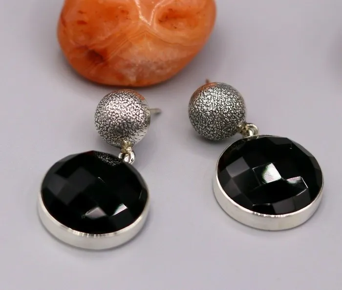 TRIBAL ORNAMENTS Earrings Bollywood style 925 silver handmade black onyx stone hoops earring dangle s152