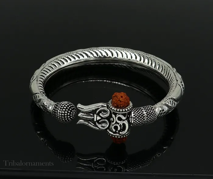 TRIBAL ORNAMENTS Lord Shiva trident trishul trishool kada 925 Sterling silver handmade bangle bracelet with natural Rudraksha customized kada nsk382 Bracelets