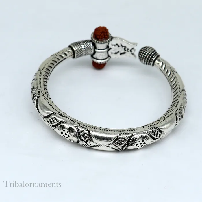TRIBAL ORNAMENTS Lord Shiva trident trishul trishool kada 925 Sterling silver handmade bangle bracelet with natural Rudraksha customized kada nsk382 Bracelets