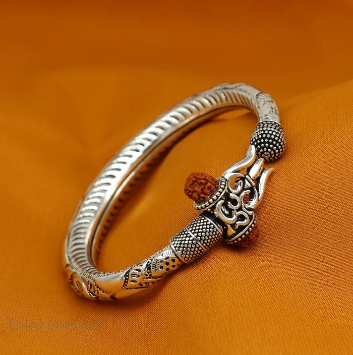 TRIBAL ORNAMENTS Lord Shiva trident trishul trishool kada 925 Sterling silver handmade bangle bracelet with natural Rudraksha customized kada nsk382 Bracelets