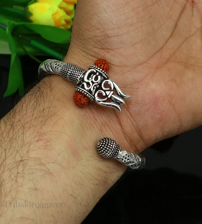 TRIBAL ORNAMENTS Lord Shiva trident trishul trishool kada 925 Sterling silver handmade bangle bracelet with natural Rudraksha customized kada nsk382 Bracelets