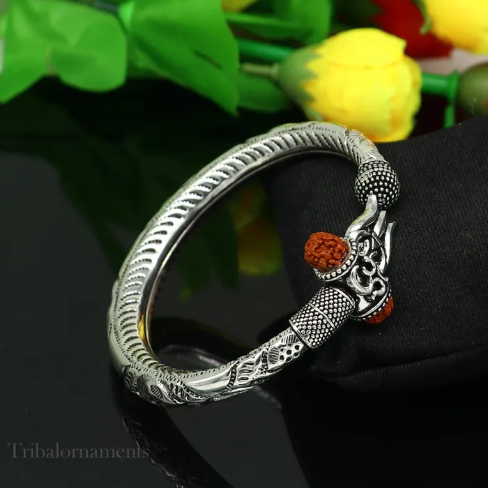TRIBAL ORNAMENTS Lord Shiva trident trishul trishool kada 925 Sterling silver handmade bangle bracelet with natural Rudraksha customized kada nsk382 Bracelets