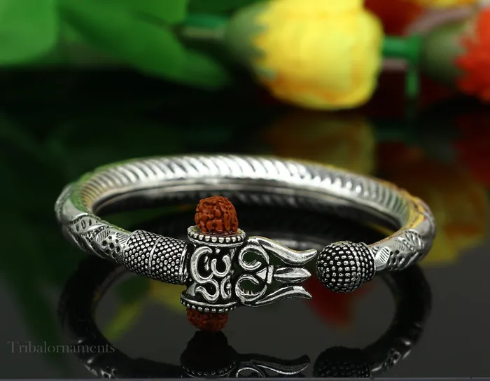 TRIBAL ORNAMENTS Lord Shiva trident trishul trishool kada 925 Sterling silver handmade bangle bracelet with natural Rudraksha customized kada nsk382 Bracelets