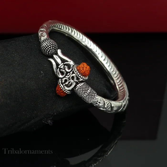 TRIBAL ORNAMENTS Lord Shiva trident trishul trishool kada 925 Sterling silver handmade bangle bracelet with natural Rudraksha customized kada nsk382 Bracelets
