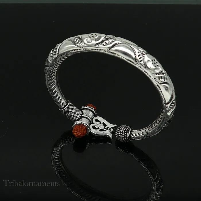 TRIBAL ORNAMENTS Lord Shiva trident trishul trishool kada 925 Sterling silver handmade bangle bracelet with natural Rudraksha customized kada nsk382 Bracelets