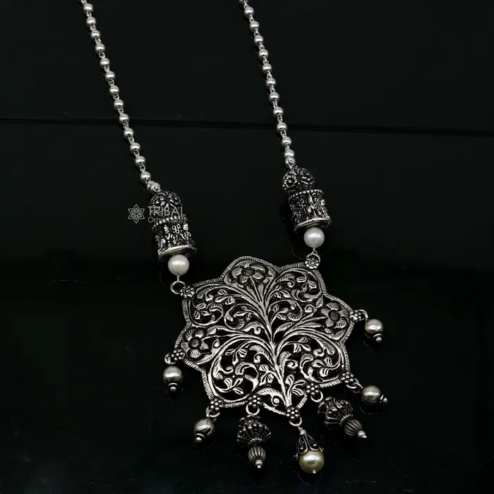 TRIBAL ORNAMENTS Necklaces 30 India cultural style handmade 925 sterling silver chitai work pendant with silver beaded necklace best for all outfit set698 TRIBAL ORNAMENTS Necklaces 30 India cultural style handmade 925 sterling silver chitai work pendant with silver beaded necklace best for all outfit set698