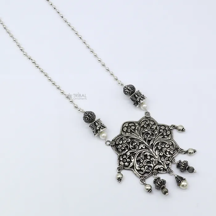 TRIBAL ORNAMENTS Necklaces 30 India cultural style handmade 925 sterling silver chitai work pendant with silver beaded necklace best for all outfit set698 TRIBAL ORNAMENTS Necklaces 30 India cultural style handmade 925 sterling silver chitai work pendant with silver beaded necklace best for all outfit set698