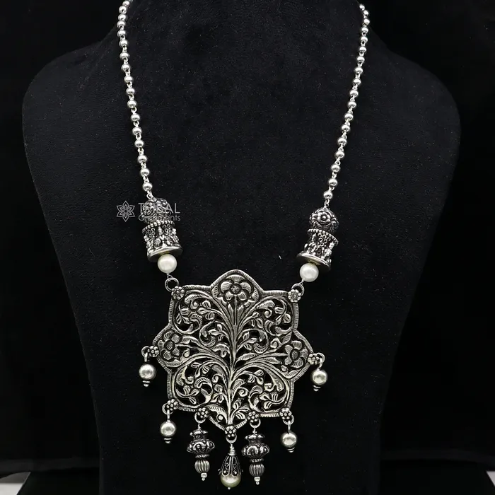 TRIBAL ORNAMENTS Necklaces 30 India cultural style handmade 925 sterling silver chitai work pendant with silver beaded necklace best for all outfit set698 TRIBAL ORNAMENTS Necklaces 30 India cultural style handmade 925 sterling silver chitai work pendant with silver beaded necklace best for all outfit set698