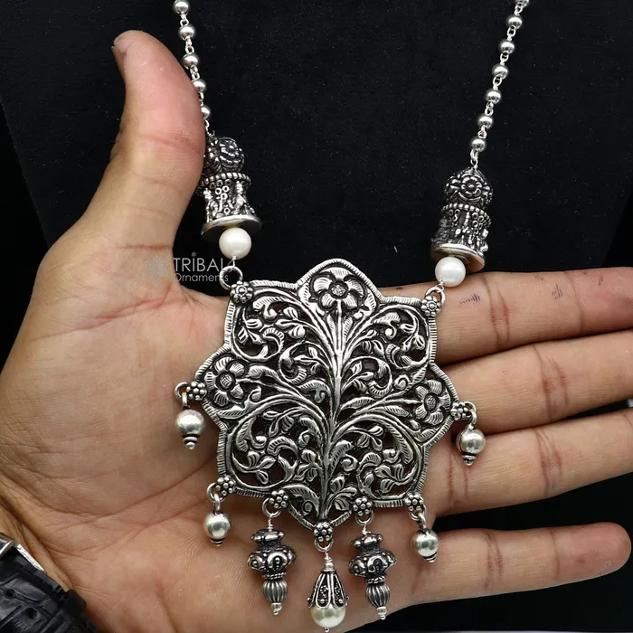 TRIBAL ORNAMENTS Necklaces 30 India cultural style handmade 925 sterling silver chitai work pendant with silver beaded necklace best for all outfit set698 TRIBAL ORNAMENTS Necklaces 30 India cultural style handmade 925 sterling silver chitai work pendant with silver beaded necklace best for all outfit set698