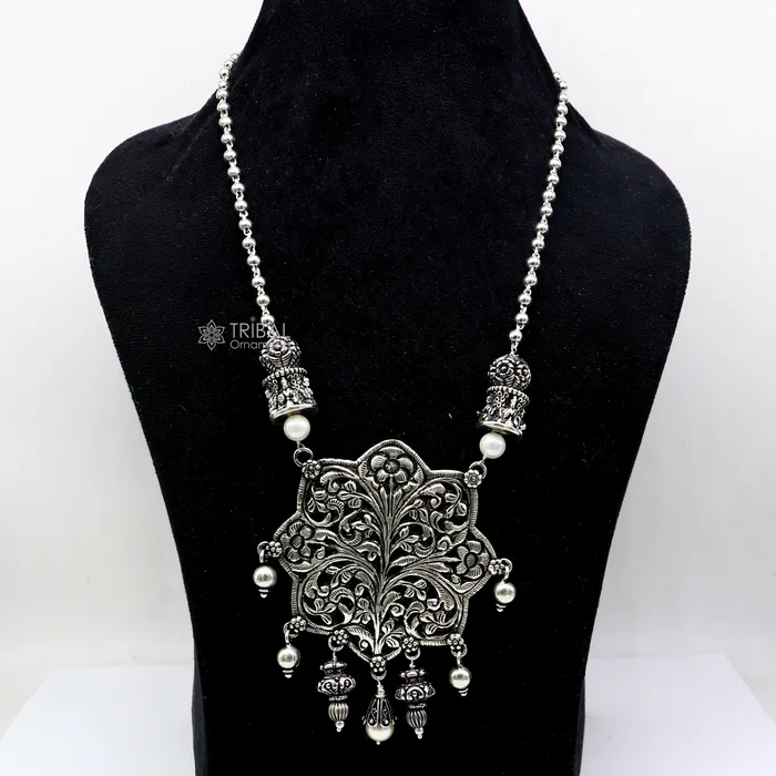 TRIBAL ORNAMENTS Necklaces 30 India cultural style handmade 925 sterling silver chitai work pendant with silver beaded necklace best for all outfit set698 TRIBAL ORNAMENTS Necklaces 30 India cultural style handmade 925 sterling silver chitai work pendant with silver beaded necklace best for all outfit set698