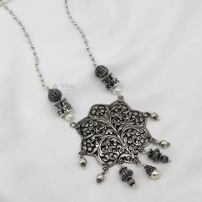 TRIBAL ORNAMENTS Necklaces 30 India cultural style handmade 925 sterling silver chitai work pendant with silver beaded necklace best for all outfit set698 TRIBAL ORNAMENTS Necklaces 30 India cultural style handmade 925 sterling silver chitai work pendant with silver beaded necklace best for all outfit set698
