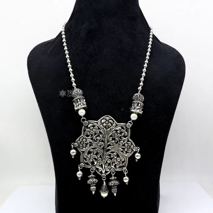 TRIBAL ORNAMENTS Necklaces 30 India cultural style handmade 925 sterling silver chitai work pendant with silver beaded necklace best for all outfit set698 TRIBAL ORNAMENTS Necklaces 30 India cultural style handmade 925 sterling silver chitai work pendant with silver beaded necklace best for all outfit set698