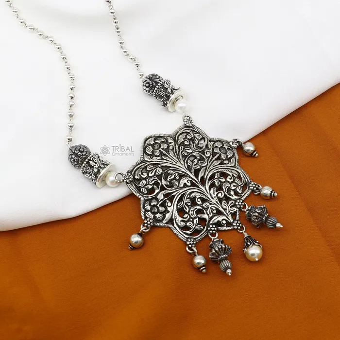 TRIBAL ORNAMENTS Necklaces 30 India cultural style handmade 925 sterling silver chitai work pendant with silver beaded necklace best for all outfit set698 TRIBAL ORNAMENTS Necklaces 30 India cultural style handmade 925 sterling silver chitai work pendant with silver beaded necklace best for all outfit set698