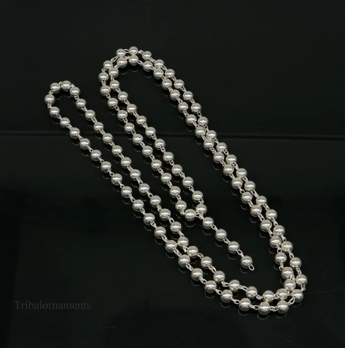 TRIBAL ORNAMENTS Necklaces 6mm 925 sterling silver stunning plain solid beads chain japp mala 108 beads japp chain 40 inches long chanting necklace jewelry nch203