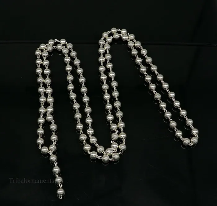 TRIBAL ORNAMENTS Necklaces 6mm 925 sterling silver stunning plain solid beads chain japp mala 108 beads japp chain 40 inches long chanting necklace jewelry nch203