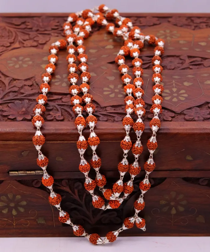 TRIBAL ORNAMENTS Necklaces 7 mm natural Rudraksha beads seeds Vintage design Sterling silver 108 beads chain necklace for japping mantra to pray the god jewelry ch61 TRIBAL ORNAMENTS Necklaces 7 mm natural Rudraksha beads seeds Vintage design Sterling silver 108 beads chain necklace for japping mantra to pray the god jewelry ch61