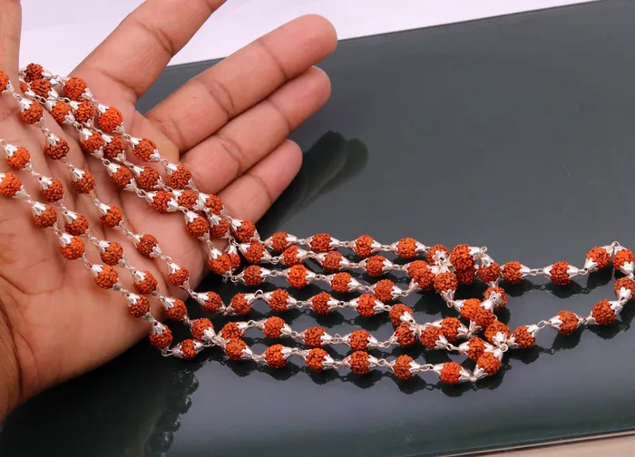 TRIBAL ORNAMENTS Necklaces 7 mm natural Rudraksha beads seeds Vintage design Sterling silver 108 beads chain necklace for japping mantra to pray the god jewelry ch61 TRIBAL ORNAMENTS Necklaces 7 mm natural Rudraksha beads seeds Vintage design Sterling silver 108 beads chain necklace for japping mantra to pray the god jewelry ch61
