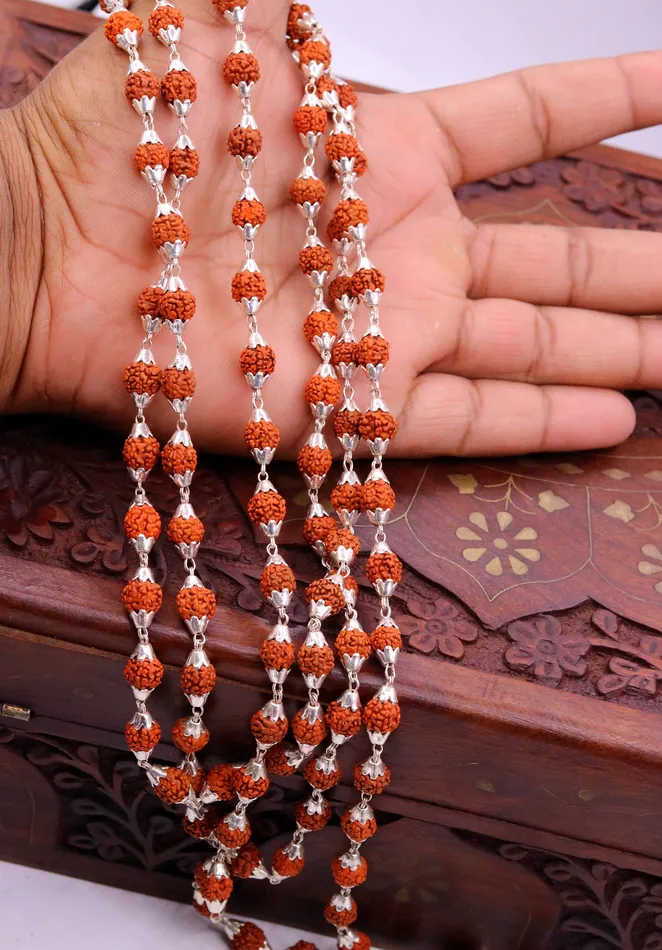 TRIBAL ORNAMENTS Necklaces 7 mm natural Rudraksha beads seeds Vintage design Sterling silver 108 beads chain necklace for japping mantra to pray the god jewelry ch61 TRIBAL ORNAMENTS Necklaces 7 mm natural Rudraksha beads seeds Vintage design Sterling silver 108 beads chain necklace for japping mantra to pray the god jewelry ch61