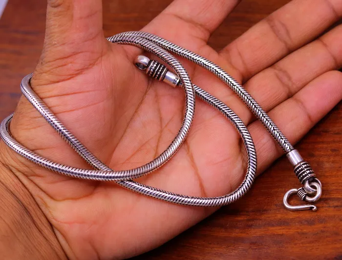 TRIBAL ORNAMENTS Necklaces 925 sterling silver 24 handmade snake chain screw chain pendant chain excellent oxidized silver necklace vintage design tribal jewelry ch67