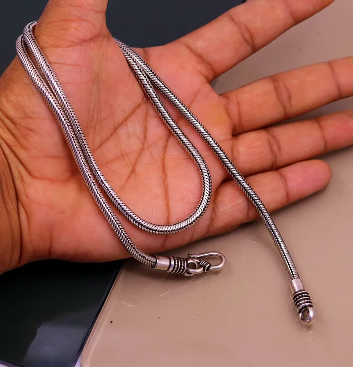 TRIBAL ORNAMENTS Necklaces 925 sterling silver 24 handmade snake chain screw chain pendant chain excellent oxidized silver necklace vintage design tribal jewelry ch67