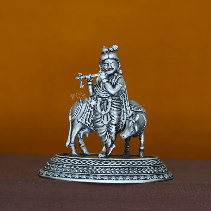 TRIBAL ORNAMENTS Necklaces 925 Sterling silver handmade design Indian Idols Lord krishna with cow flute statue figurine puja articles decorative diwali puja art683 TRIBAL ORNAMENTS Necklaces 925 Sterling silver handmade design Indian Idols Lord krishna with cow flute statue figurine puja articles decorative diwali puja art683
