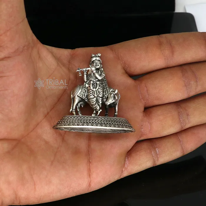 TRIBAL ORNAMENTS Necklaces 925 Sterling silver handmade design Indian Idols Lord krishna with cow flute statue figurine puja articles decorative diwali puja art683 TRIBAL ORNAMENTS Necklaces 925 Sterling silver handmade design Indian Idols Lord krishna with cow flute statue figurine puja articles decorative diwali puja art683
