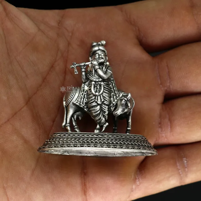 TRIBAL ORNAMENTS Necklaces 925 Sterling silver handmade design Indian Idols Lord krishna with cow flute statue figurine puja articles decorative diwali puja art683 TRIBAL ORNAMENTS Necklaces 925 Sterling silver handmade design Indian Idols Lord krishna with cow flute statue figurine puja articles decorative diwali puja art683