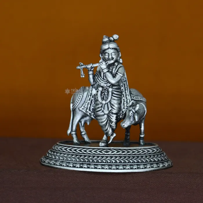 TRIBAL ORNAMENTS Necklaces 925 Sterling silver handmade design Indian Idols Lord krishna with cow flute statue figurine puja articles decorative diwali puja art683 TRIBAL ORNAMENTS Necklaces 925 Sterling silver handmade design Indian Idols Lord krishna with cow flute statue figurine puja articles decorative diwali puja art683