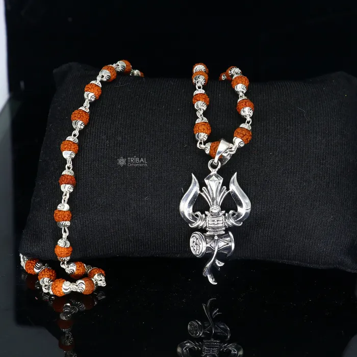 TRIBAL ORNAMENTS Necklaces 925 sterling silver handmade Divine Lord shiva trident pendant Rudraksha chain holy pendant protect from negative energy nsp757