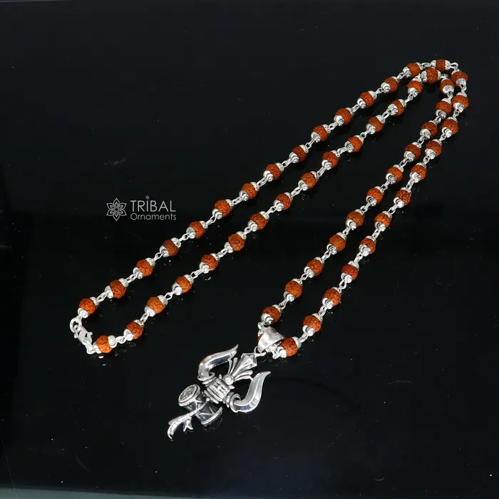 TRIBAL ORNAMENTS Necklaces 925 sterling silver handmade Divine Lord shiva trident pendant Rudraksha chain holy pendant protect from negative energy nsp757
