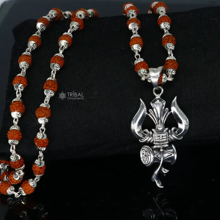 TRIBAL ORNAMENTS Necklaces 925 sterling silver handmade Divine Lord shiva trident pendant Rudraksha chain holy pendant protect from negative energy nsp757