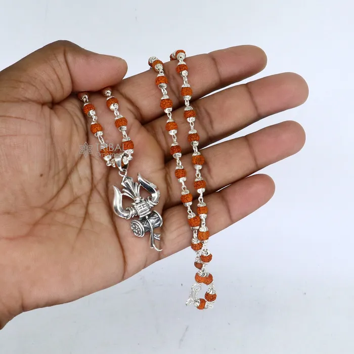 TRIBAL ORNAMENTS Necklaces 925 sterling silver handmade Divine Lord shiva trident pendant Rudraksha chain holy pendant protect from negative energy nsp757