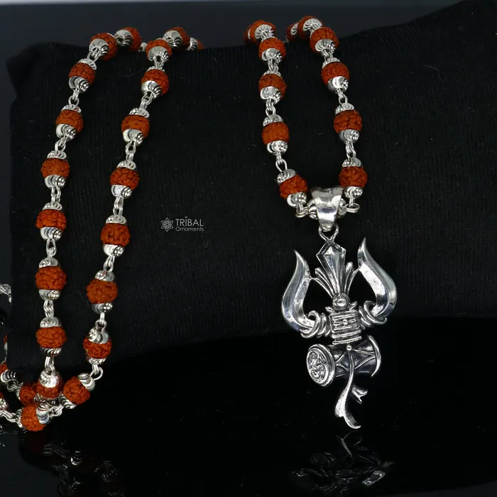 TRIBAL ORNAMENTS Necklaces 925 sterling silver handmade Divine Lord shiva trident pendant Rudraksha chain holy pendant protect from negative energy nsp757