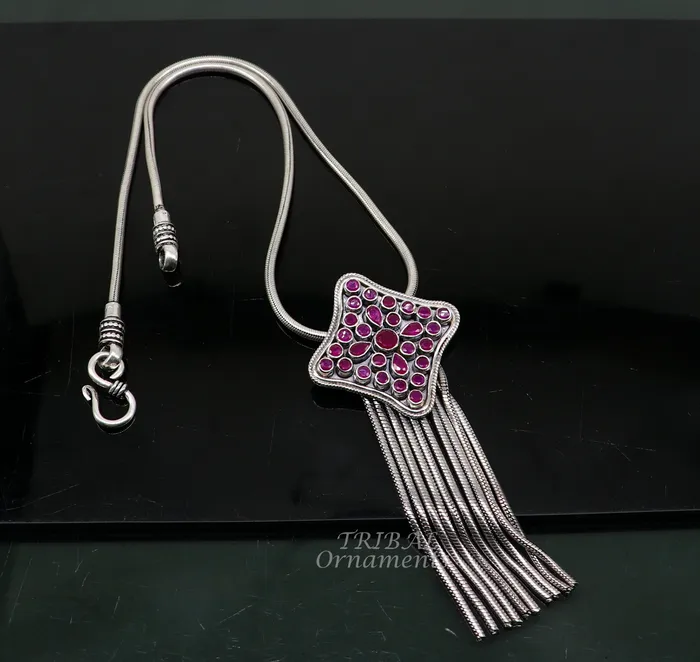 TRIBAL ORNAMENTS Necklaces 925 sterling silver handmade fabulous cut stone pendant with gorgeous hanging chains best belly dance ethnic jewelry nsp526