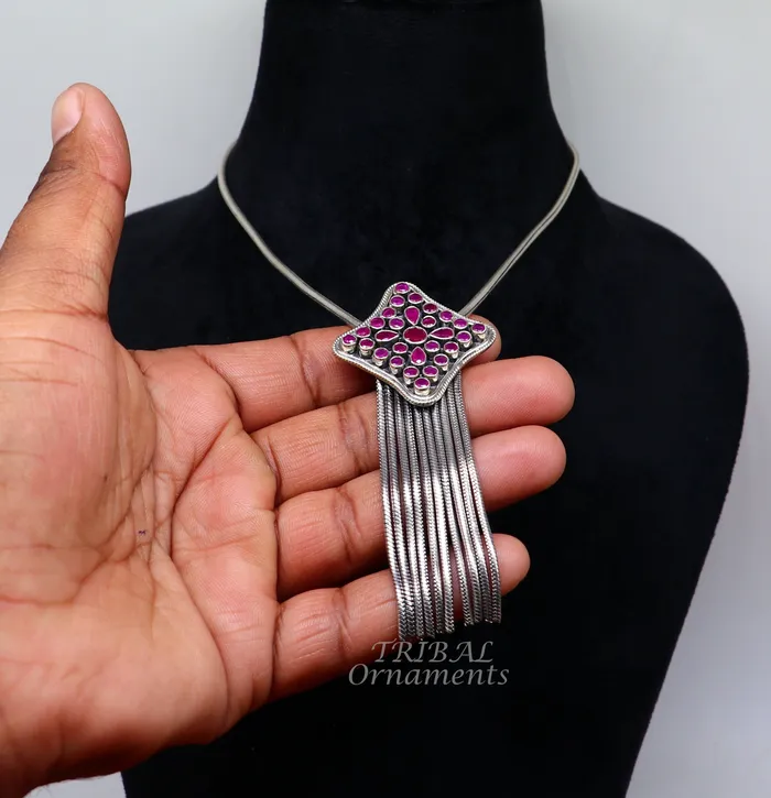 TRIBAL ORNAMENTS Necklaces 925 sterling silver handmade fabulous cut stone pendant with gorgeous hanging chains best belly dance ethnic jewelry nsp526