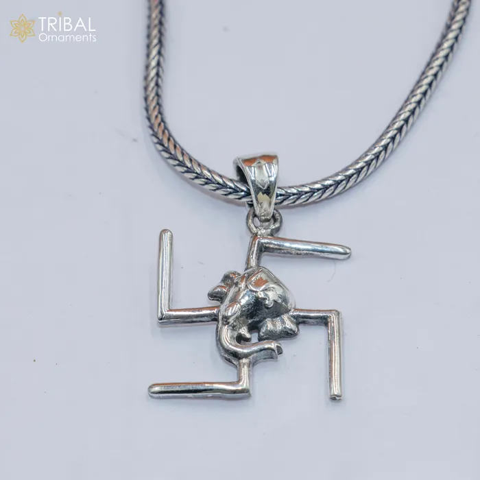 TRIBAL ORNAMENTS Necklaces 925 sterling silver handmade Swastik and ganesha Silver Pendant with chain tribal jewellery nsp1046 TRIBAL ORNAMENTS Necklaces 925 sterling silver handmade Swastik and ganesha Silver Pendant with chain tribal jewellery nsp1046