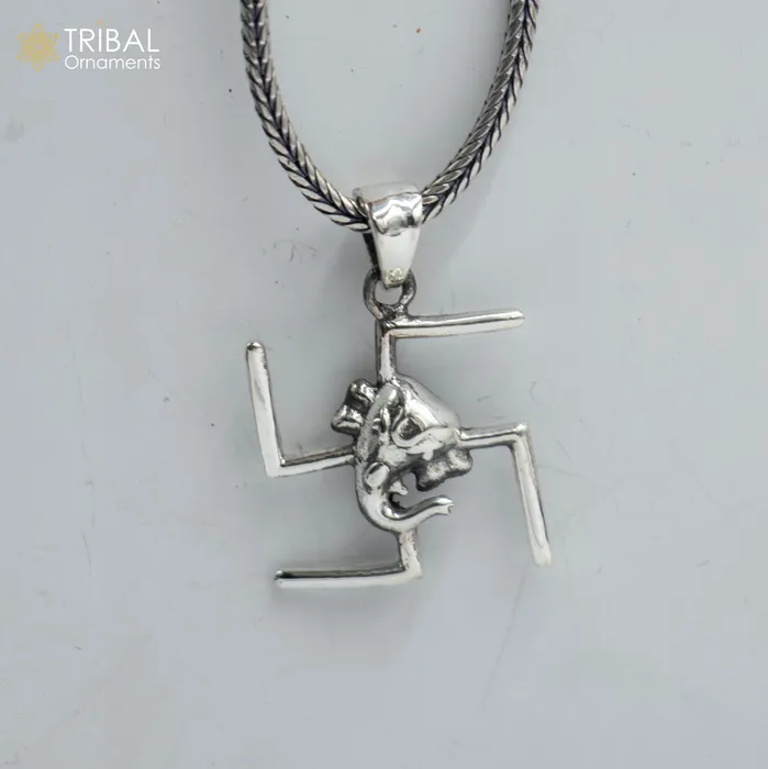 TRIBAL ORNAMENTS Necklaces 925 sterling silver handmade Swastik and ganesha Silver Pendant with chain tribal jewellery nsp1046 TRIBAL ORNAMENTS Necklaces 925 sterling silver handmade Swastik and ganesha Silver Pendant with chain tribal jewellery nsp1046