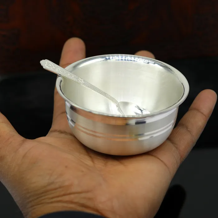 TRIBAL ORNAMENTS Necklaces 999 fine silver handmade solid bowl and spoon healthy serving bowl food serving utensils set silver puja bowl best gift to baby sv174