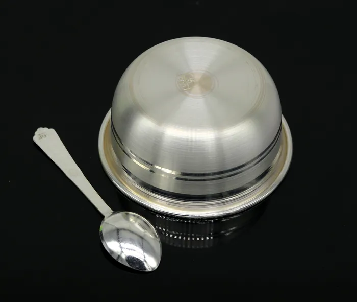 TRIBAL ORNAMENTS Necklaces 999 fine silver handmade solid bowl and spoon healthy serving bowl food serving utensils set silver puja bowl best gift to baby sv174
