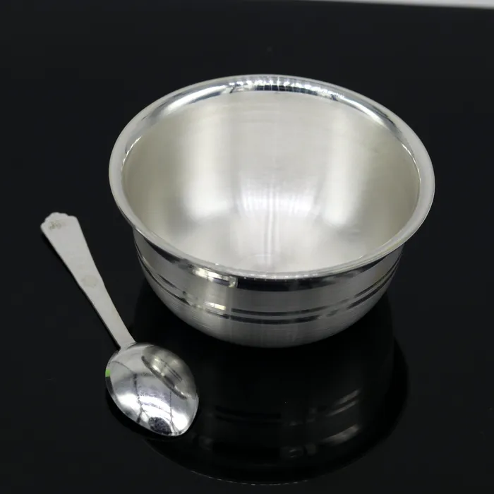 TRIBAL ORNAMENTS Necklaces 999 fine silver handmade solid bowl and spoon healthy serving bowl food serving utensils set silver puja bowl best gift to baby sv174