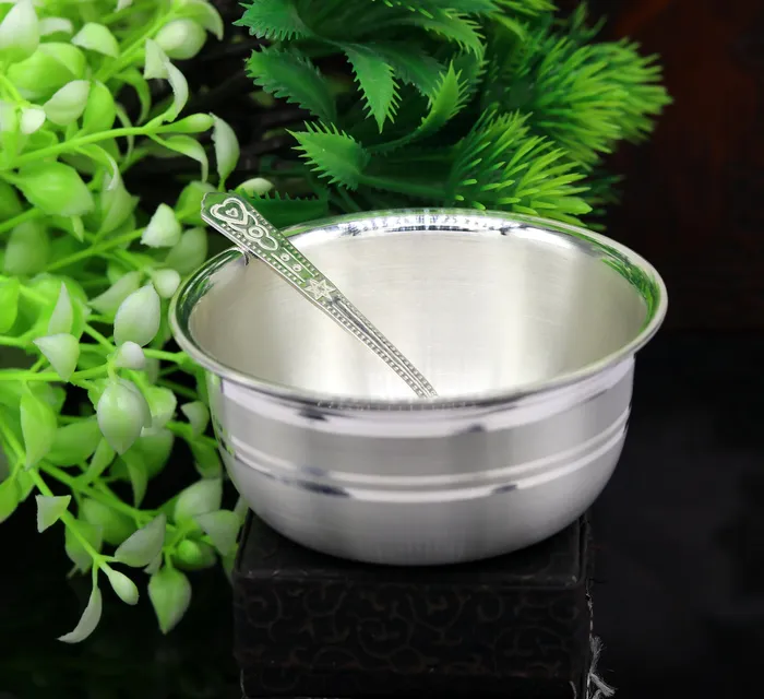 TRIBAL ORNAMENTS Necklaces 999 fine silver handmade solid bowl and spoon healthy serving bowl food serving utensils set silver puja bowl best gift to baby sv174