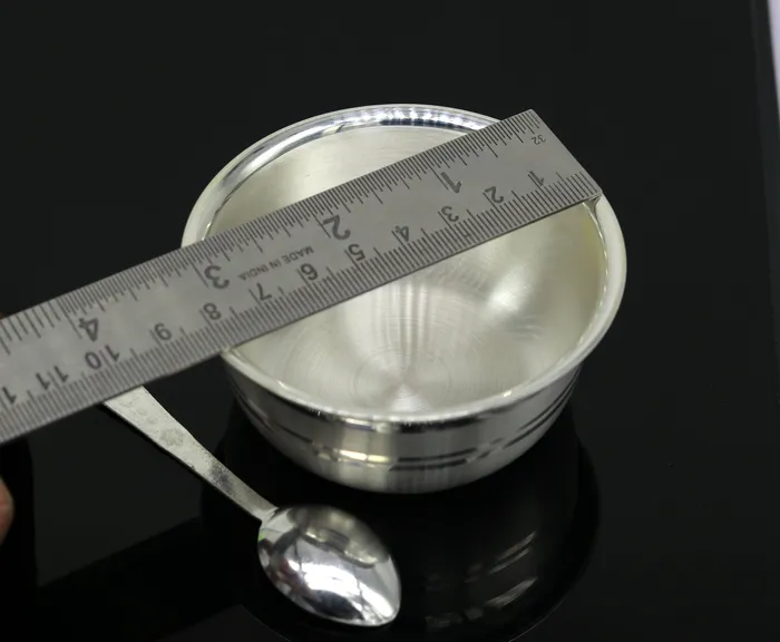 TRIBAL ORNAMENTS Necklaces 999 fine silver handmade solid bowl and spoon healthy serving bowl food serving utensils set silver puja bowl best gift to baby sv174